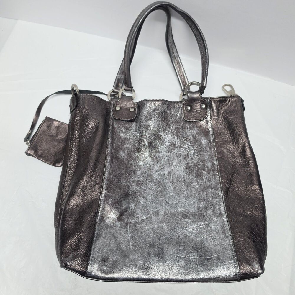 GIANNI CHIARINI Brown Silver Metallic Tote Bag With Coin Pouch Removable Pocket